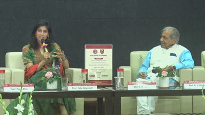 IMF deputy managing director Gita Gopinath (L) with NK Singh, chairman of 15th Finance Commission, at the diamond jubilee conference of Delhi School of Economics. (Delhi School of Economics) IMF deputy managing director Gita Gopinath (L) with NK Singh, chairman of 15th Finance Commission, at the diamond jubilee conference of Delhi School of Economics. (Delhi School of Economics)