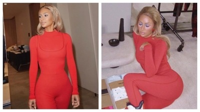 Kim Kardashian dons a sheer, form-fitting bodycon outfit. Her makeup stole the spotlight, lightning her eyes to accentuate the eye makeup. She further accessorised with chunky boots and matching red earrings. Her vibe was peak old-hollywood glam, especially with the makeup.&nbsp; (Instagram/@kimkardashian)