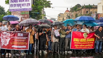 Members of the Indian Medical Association (IMA) stage a protest amid its 24-hour nationwide strike demanding justice for the woman doctor who was raped and murdered at R G Kar Medical College and Hospital, in Kolkata. (PTI) Members of the Indian Medical Association (IMA) stage a protest amid its 24-hour nationwide strike demanding justice for the woman doctor who was raped and murdered at R G Kar Medical College and Hospital, in Kolkata. (PTI)