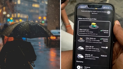 The man’s post on Uber’s surge pricing during rainfall in Gurugram has gone viral. (Unsplash/Osman Rana, LinkedIn/Surya Pandey) The man’s post on Uber’s surge pricing during rainfall in Gurugram has gone viral. (Unsplash/Osman Rana, LinkedIn/Surya Pandey)