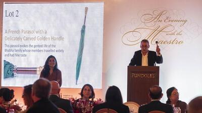 Mumbai, India - Aug. 17, 2024: Auction of collectibles from Dr Homi Jehangir Bhabha's family collection, where a French Parasol with a delicately carved golden handle, was sold for ₹2 lacs, at NCPA in Mumbai, India, on Saturday, August 17, 2024. (Photo by Anshuman Poyrekar/ Hindustan Times) (Hindustan Times) Mumbai, India - Aug. 17, 2024: Auction of collectibles from Dr Homi Jehangir Bhabha's family collection, where a French Parasol with a delicately carved golden handle, was sold for ₹2 lacs, at NCPA in Mumbai, India, on Saturday, August 17, 2024. (Photo by Anshuman Poyrekar/ Hindustan Times) (Hindustan Times)