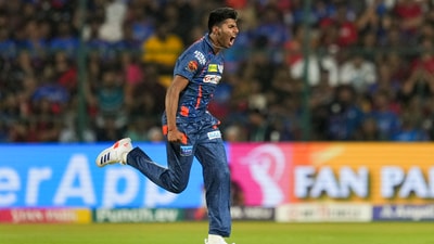 LSG's Mayank Yadav celebrates after taking the wicket of Royal Challengers Bengaluru batter Cameron Green during the 2024 Indian Premier League (PTI) LSG's Mayank Yadav celebrates after taking the wicket of Royal Challengers Bengaluru batter Cameron Green during the 2024 Indian Premier League (PTI)