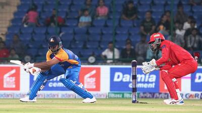 Rishabh Pant, the Purani Dilli 6 skipper, plays a shot against South Delhi Superstarz in the inaugural game of the Delhi Premier League T20 at the Arun Jaitley Stadium in New Delhi on Saturday. (PTI)