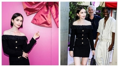 Lily Collins made headlines after the launch of the new season of Emily in Paris. The actor reprised her character's style in the promos. For a fan screening, she wore an off-shoulder black mini dress with golden buttons in the front. Full-sleeved, the neckline straight neckline is ruffled and adds texture to her monochrome attire. She opted for a matching handbag and kept her accessories limited only to simple silver ear hoops. (Instagram/@lillycollins)