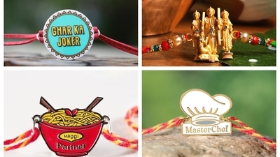 Personalised designs that connect with specific personalities, and Ram Durbar-theme are some of the designs that are trending in rakhis being sold online. Personalised designs that connect with specific personalities, and Ram Durbar-theme are some of the designs that are trending in rakhis being sold online.