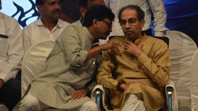 Shiv Sena (UBT) chief Uddhav Thackeray with Sanjay Raut at Gadkari Hall in Thane on, Saturday, August 10, 2024. (Praful Gangurde /HT Photo )