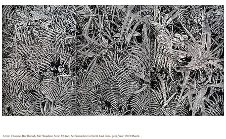 The trees captured through the medium of woodcut acquire a dark look in the works of contemporary artist Chandan Bez Baruah. The trees captured through the medium of woodcut acquire a dark look in the works of contemporary artist Chandan Bez Baruah.