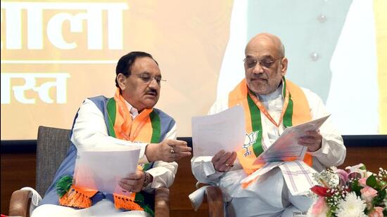 BJP president JP Nadda and Union home minister Amit Shah attend the party’s national office-bearers meeting in Delhi on Saturday. (ANI)