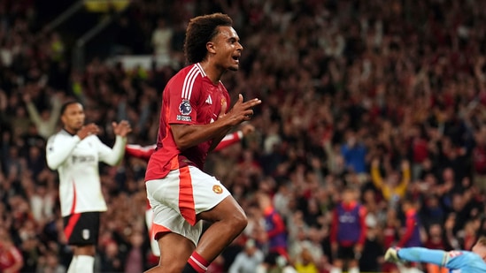 Manchester United's Joshua Zirkzee celebrates scoring their side's first goal of the game during a Premier League soccer match against Fulham at Old Trafford in Manchester(AP) Manchester United's Joshua Zirkzee celebrates scoring their side's first goal of the game during a Premier League soccer match against Fulham at Old Trafford in Manchester(AP)
