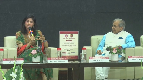 IMF deputy managing director Gita Gopinath (L) with NK Singh, chairman of 15th Finance Commission, at the diamond jubilee conference of Delhi School of Economics. (Delhi School of Economics)