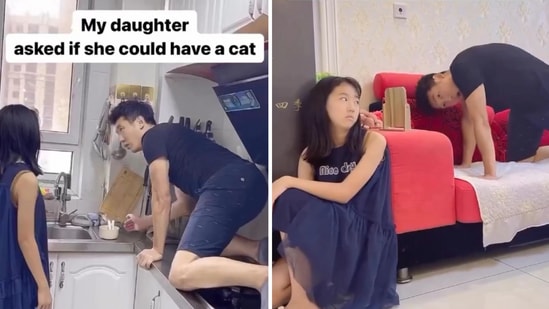 The image shows a dad acting like a cat in front of his daughter. (Screengrab) The image shows a dad acting like a cat in front of his daughter. (Screengrab)