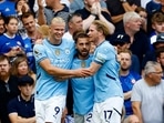 Manchester City's Erling Haaland celebrates scoring their first goal.