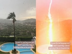 Snapshot of the lightning striking at the palm tree. 