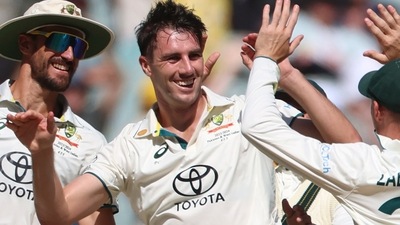 Australia's Pat Cummins, second left, celebrates the wicket of Pakistan's Abdullah Shafique (AP) Australia's Pat Cummins, second left, celebrates the wicket of Pakistan's Abdullah Shafique (AP)