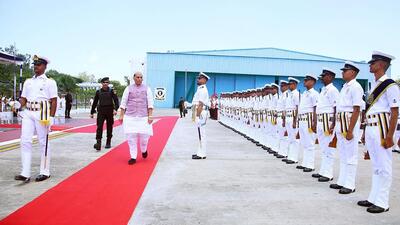 Defence minister Rajnath Singh being accorded a Guard of Honour by the Indian Coast Guard contingent in Chennai on Sunday. (PTI) Defence minister Rajnath Singh being accorded a Guard of Honour by the Indian Coast Guard contingent in Chennai on Sunday. (PTI)