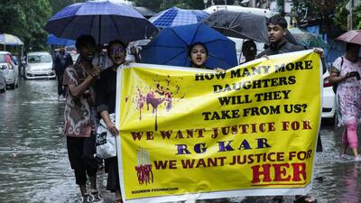Doctors and nursing students protest against the rape and killing of the trainee doctor in Kolkata on Sunday. (AP) Doctors and nursing students protest against the rape and killing of the trainee doctor in Kolkata on Sunday. (AP)