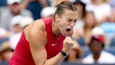 Aryna Sabalenka of Belarus celebrates match point against Iga Swiatek. (Getty Images via AFP) Aryna Sabalenka of Belarus celebrates match point against Iga Swiatek. (Getty Images via AFP)