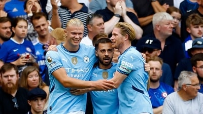 Manchester City's Erling Haaland celebrates scoring their first goal. (Action Images via Reuters)