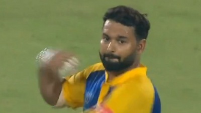 Rishabh Pant bowls during the Delhi Premier League opener on Saturday (X) Rishabh Pant bowls during the Delhi Premier League opener on Saturday (X)