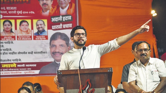 Mumbai: Shivsena (UBT) leader Aditya Thackeray addressing public rally at Dharavi, in Mumbai on Sunday, 18 Aug 2024. (Photo by Bhushan Koyande)