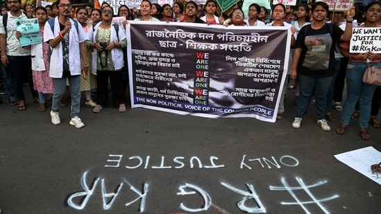 Kolkata: People protest against the recent rape and murder of a junior doctor at RG Kar Medical College and Hospital. (PTI)