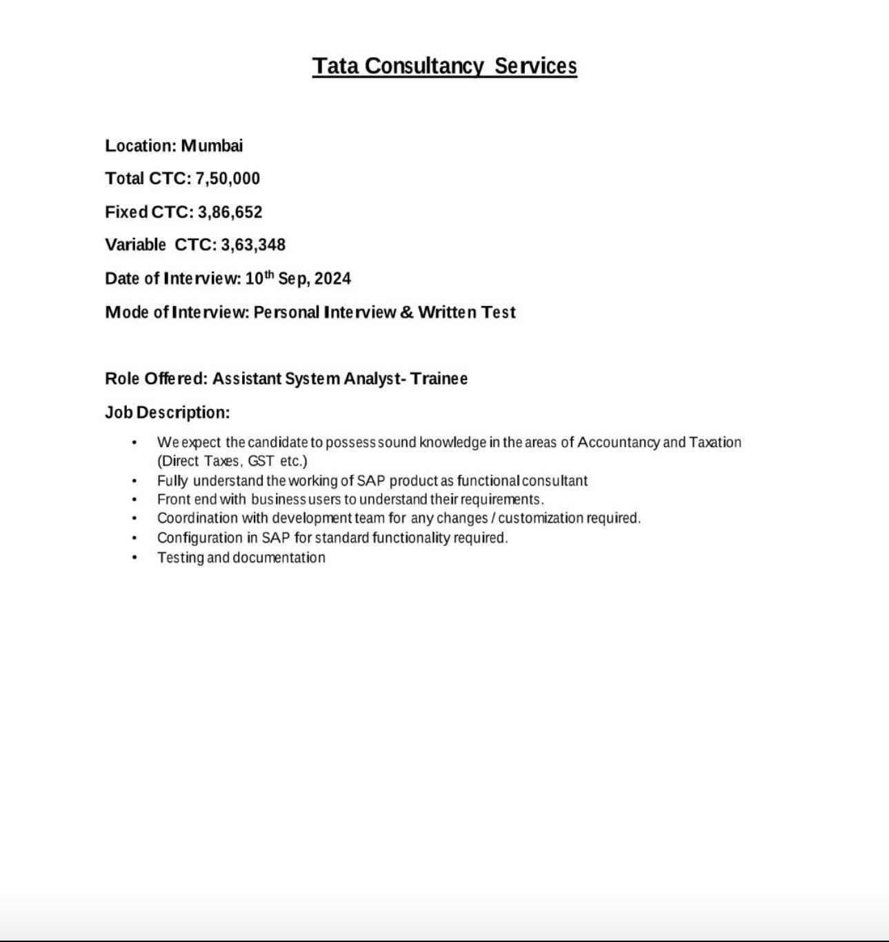 CTC offered by TCS to newly qualified CA's(LinkedIn Post @CA Chirag Chauhan)