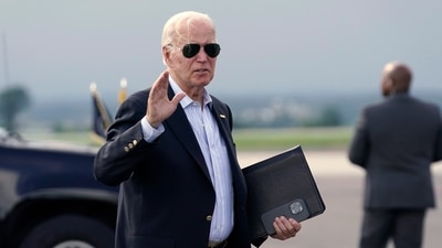 President Joe Biden arrives at Hagerstown Regional Airport to board Air Force One on his way to the White House, Sunday, Aug. 18, 2024, following a trip to Camp David.AP/PTI(AP08_19_2024_000006B) (AP) President Joe Biden arrives at Hagerstown Regional Airport to board Air Force One on his way to the White House, Sunday, Aug. 18, 2024, following a trip to Camp David.AP/PTI(AP08_19_2024_000006B) (AP)