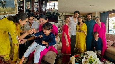 Jeh just couldn’t stop grinning as he sat in Kareena Kapoor’s arms while his sis Sara Ali Khan tied him a Rakhi and brother Ibrahim Ali Khan look at him with love.&nbsp; 