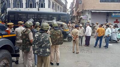 Security personnel deployed in Udaipur on Sunday to maintain law and order after a student stabbed another boy at a government school on Friday. (PTI)