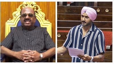 West Bengal Governor CV Ananda Bose and former Cricketer and Rajya Sabha MP Harbhajan Singh. (PTI)