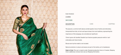 The green colour variation of the silk saree costs Rs. 59,800 (rawmango.com)