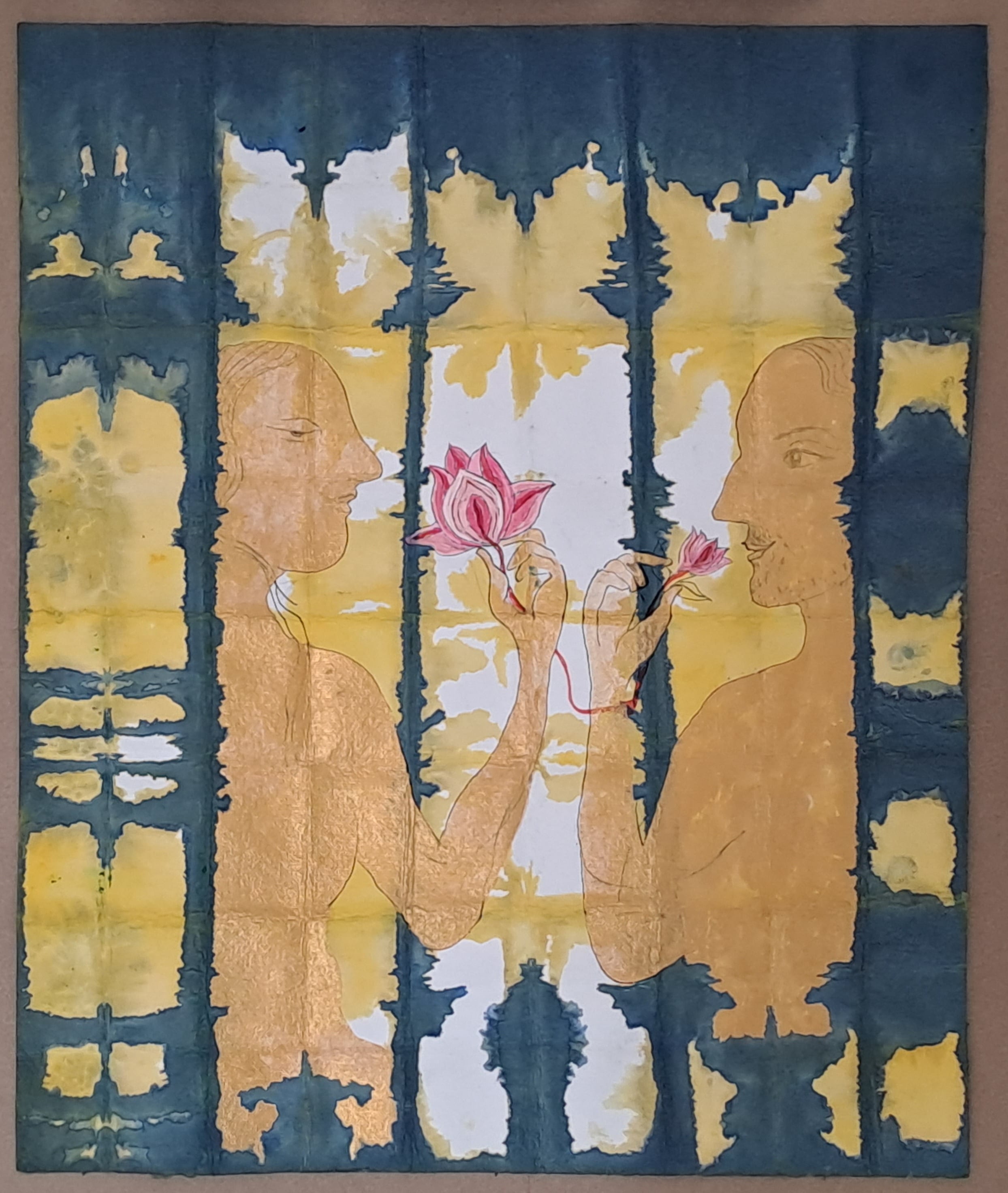 The Batik method of dyeing has been used to bring a surprise element to the background in this painting by Audronė Brazauskaitė.