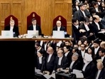 A bench comprising Chief Justice of India (CJI) DY Chandrachud, Justice JB Pardiwala and Justice Manoj Misra during hearing on a suo moto case related to the alleged sexual assault and murder of a postgraduate trainee doctor in Kolkata, at the Supreme Court in New Delhi, 