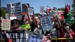 Pro-Palestinian demonstrators ahead of the Democratic National Convention (DNC) near the United Center in Chicago, Illinois, US, on Monday. (Bloomberg) Pro-Palestinian demonstrators ahead of the Democratic National Convention (DNC) near the United Center in Chicago, Illinois, US, on Monday. (Bloomberg)