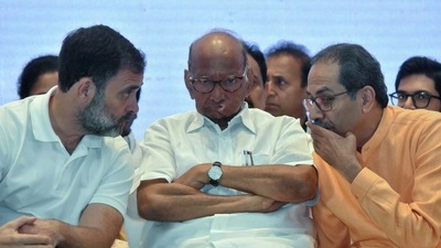 Opposition's Indian National Developmental Inclusive Alliance (INDIA) leaders Rahul Gandhi, Sharad Pawar and Uddhav Thackeray during a press conference after the bloc leaders meeting, in Mumbai (ANI) Opposition's Indian National Developmental Inclusive Alliance (INDIA) leaders Rahul Gandhi, Sharad Pawar and Uddhav Thackeray during a press conference after the bloc leaders meeting, in Mumbai (ANI)