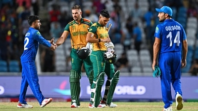 South Africa's players greets Afghanistan's players after South Africa's victory in the ICC men's Twenty20 World Cup 2024 semi-final cricket match between South Africa and Afghanistan at Brian Lara Cricket Academy in Tarouba (AFP) South Africa's players greets Afghanistan's players after South Africa's victory in the ICC men's Twenty20 World Cup 2024 semi-final cricket match between South Africa and Afghanistan at Brian Lara Cricket Academy in Tarouba (AFP)