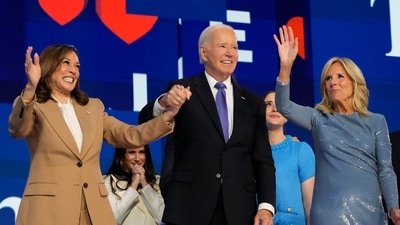 President Joe Biden stands with Democratic presidential nominee Vice President Kamala Harris and first lady Jill Biden during the first day of Democratic National Convention, Monday, Aug. 19, 2024, in Chicago. (AP Photo/Jacquelyn Martin) (AP) President Joe Biden stands with Democratic presidential nominee Vice President Kamala Harris and first lady Jill Biden during the first day of Democratic National Convention, Monday, Aug. 19, 2024, in Chicago. (AP Photo/Jacquelyn Martin) (AP)