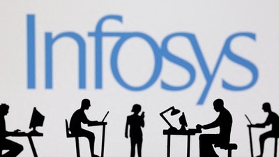 Figurines with computers and smartphones are seen in front of Infosys logo in this illustration. (Reuters)