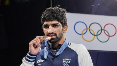 India’s Aman Sehrawat won bronze in men's 57kg freestyle wrestling at the Paris Olympics. (PTI) India’s Aman Sehrawat won bronze in men's 57kg freestyle wrestling at the Paris Olympics. (PTI)