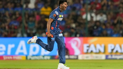 LSG's Mayank Yadav celebrates after taking the wicket of Royal Challengers Bengaluru batter Cameron Green during the 2024 Indian Premier League (PTI) LSG's Mayank Yadav celebrates after taking the wicket of Royal Challengers Bengaluru batter Cameron Green during the 2024 Indian Premier League (PTI)