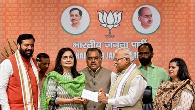 Tosham MLA Kiran Choudhry had quit the Congress to join the BJP in June. She is likely to be nominated as the BJP’s candidate for the Rajya Sabha byelection. (HT file photo)