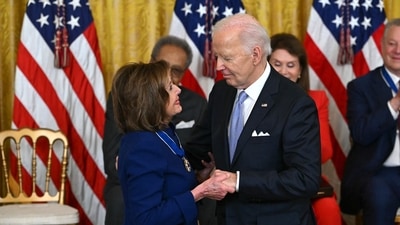 Nancy Pelosi hailed Joe Biden for withdrawing from the race, stating that he made “decision for the country.” (AFP) Nancy Pelosi hailed Joe Biden for withdrawing from the race, stating that he made “decision for the country.” (AFP)