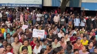 Students protest demanding justice in the murder of a woman postgraduate trainee doctor at RG Kar Medical College and Hospital in Kolkata. (PTI) Students protest demanding justice in the murder of a woman postgraduate trainee doctor at RG Kar Medical College and Hospital in Kolkata. (PTI)