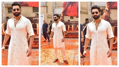 Vicky Kaushal dazzled as always, looking effortlessly dashing in a suave white kurta-pajama paired with brown shoes. His understated style only enhances his charm, making him even more handsome. (Instagram/@varindertchawla) Vicky Kaushal dazzled as always, looking effortlessly dashing in a suave white kurta-pajama paired with brown shoes. His understated style only enhances his charm, making him even more handsome. (Instagram/@varindertchawla)