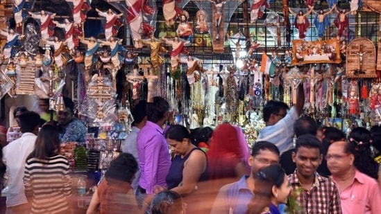 Mumbai, India - September 11, 2016: Devotees visit Mount Mary church on first day of the fair at Bandra in Mumbai, India, on Sunday, September 11, 2016. (Photo by Pratham Gokhale/ Hindustan Times) (Pratham Gokhale/HT PHOTO)