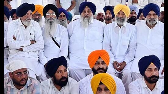 Shiromani Akali Dal chief Sukhbir Badal during the party’s event to mark the death anniversary of Harchand Singh Longowal at village Longowal in Sangrur district. (Sourced)