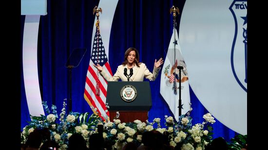 TOPSHOT - US Vice President and Democratic Presidential candidate Kamala Harris delivers the keynote speech at Zeta Phi Beta Sorority, Inc.'s Grand Boulé event at the Indiana Convention Center in Indianapolis, Indiana, on July 24, 2024. (Photo by KAMIL KRZACZYNSKI / AFP) (AFP)