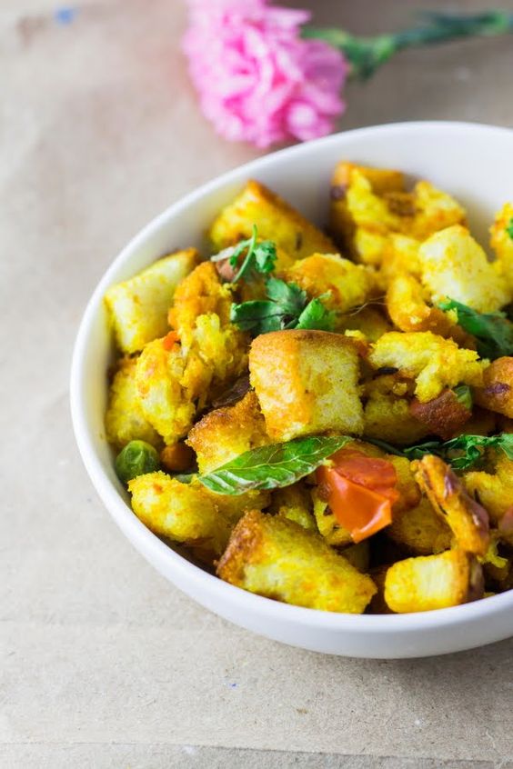 Bread upma is delicious because it's tangy and has a crispy texture.