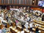 BJP councillors protest during a meeting of the Municipal Corporation of Delhi (MCD), at the Civic Centre, in New Delhi on Wednesday. (Sanjeev Verma/ HT Photo)