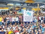 Badlapur residents staged a protest at Badlapur station all of Tuesday. The protestors also slammed the CM’s Ladki Bahin Yojana scheme, saying that instead of doling out  <span class='webrupee'>₹</span>1,500 a month to women, the government should ensure their security. (Pramod Tambe /HT Photo)